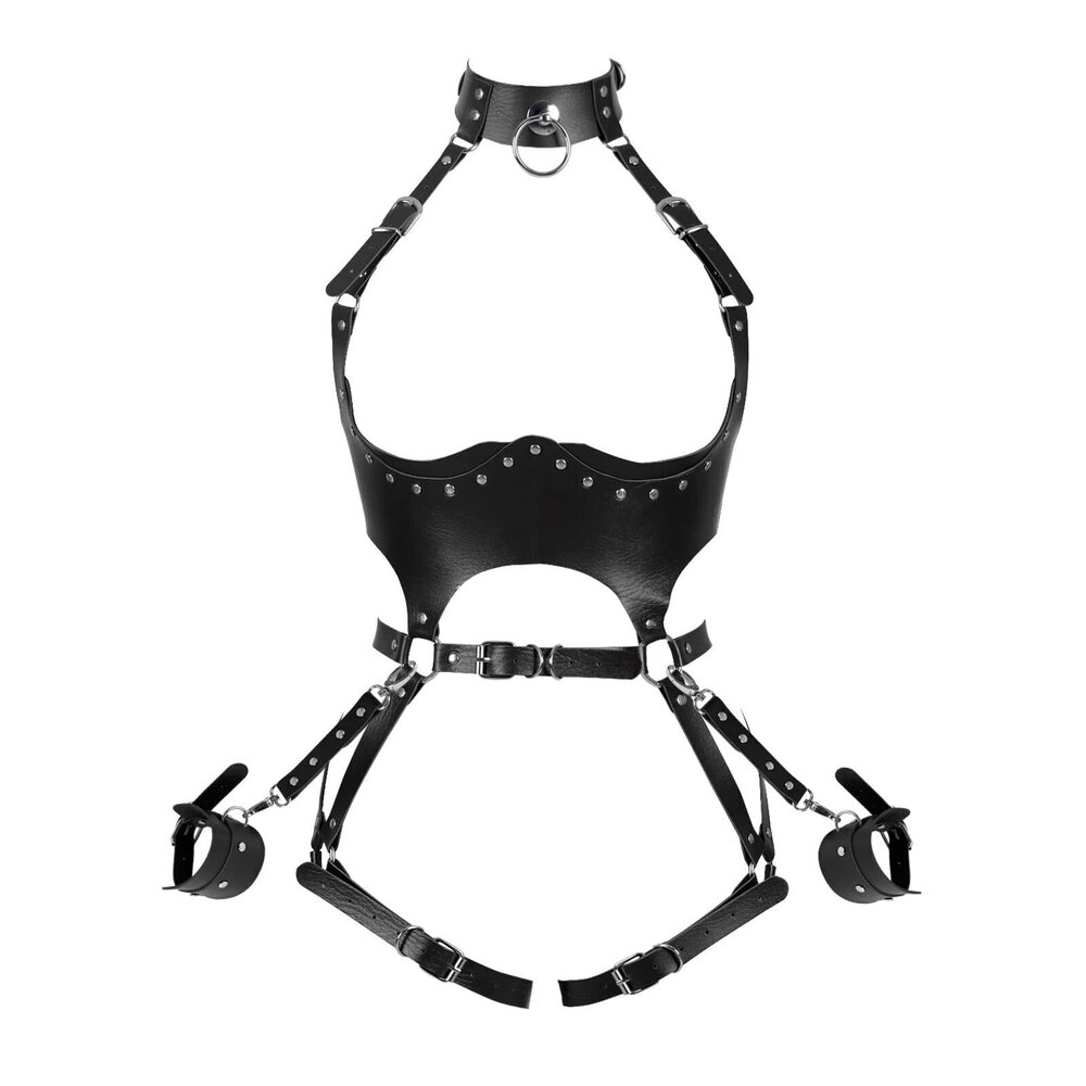 1664 Body Harness Leather Bra Wrist Lock Suit Garter Belt Punk Party